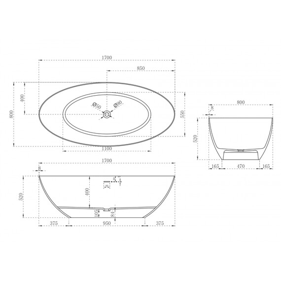 Ванна отдельностоящая Abber Stein 170x80 см AS9625-1.7, белый матовый, Размер - мм: 1700x800 - фото 13