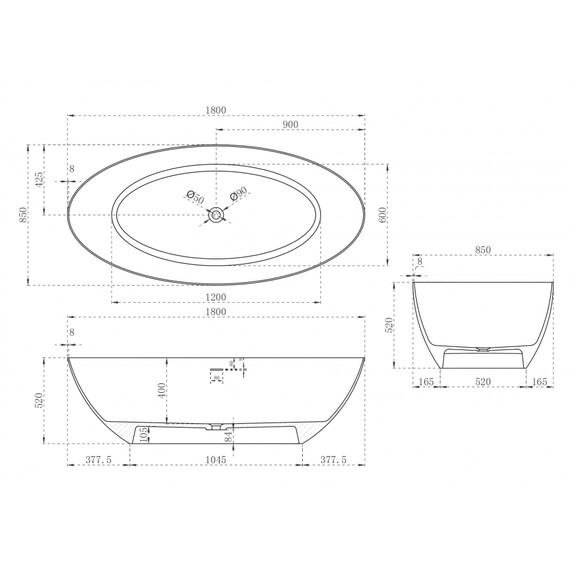 Ванна отдельностоящая Abber Stein 180x85 см AS9625-1.8, белый матовый, Размер - мм: 1800x850 - фото 13