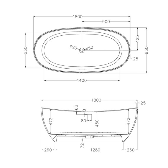 Ванна каменная Abber Stein 180x85 см AS9615-1.8, белый матовый, Размер - мм: 1800x850 - фото 10