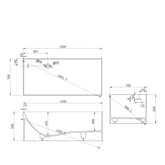 Ванна каменная Abber Stein 150x70 см AS9640-1.5, белый матовый, Размер - мм: 1500x700 - фото 10