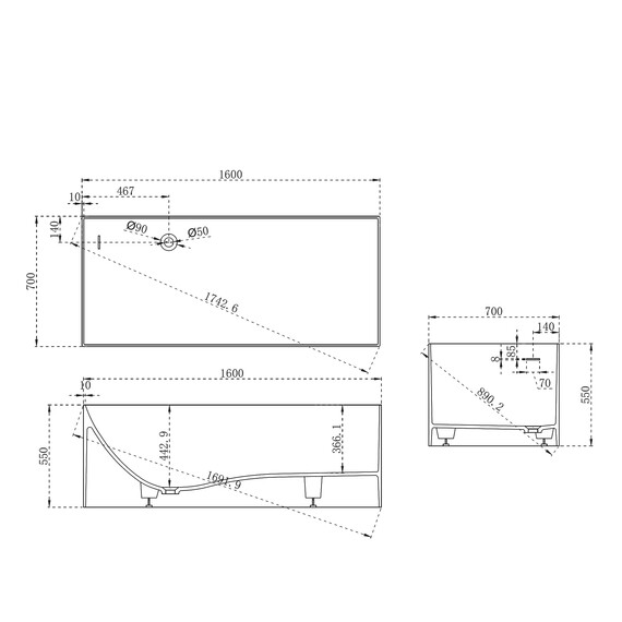 Ванна каменная Abber Stein 160x70 см AS9640-1.6, белый матовый, Размер - мм: 1600x700 - фото 11
