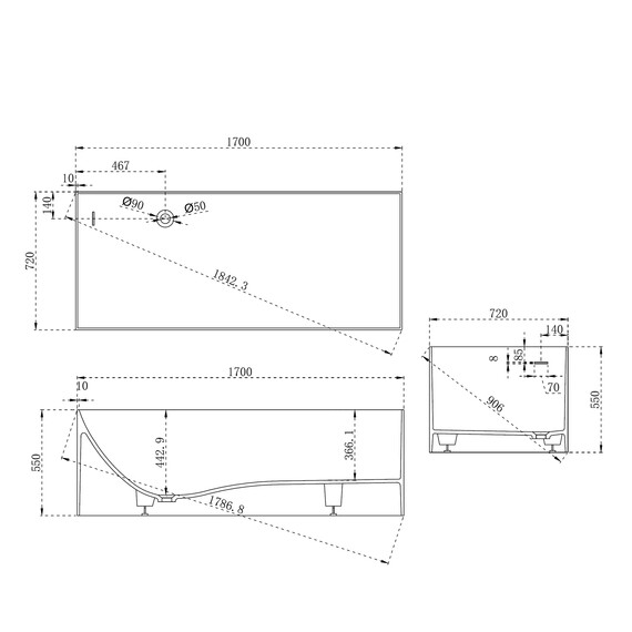 Ванна каменная Abber Stein 170x72 см AS9640-1.7, белый матовый, Размер - мм: 1700x700 - фото 10