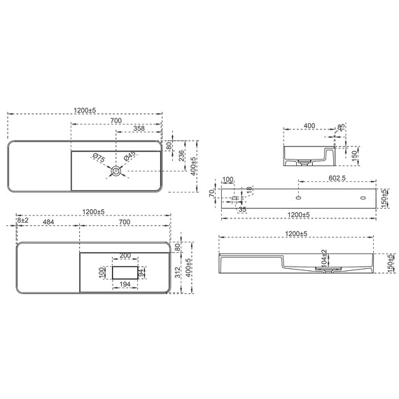 Раковина подвесная Abber Stein 120 см AS2627-1.2, белый матовый - фото 5