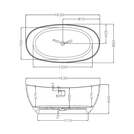 Ванна каменная Abber Stein 163x85 см AS9615-1.6, белый матовый, Размер - мм: 1650x850 - фото 11