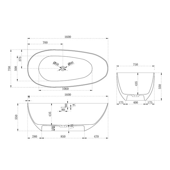 Ванна отдельностоящая Abber Stein 160x75 см AS9611-1.6, белый матовый, Размер - мм: 1600x750 - фото 11