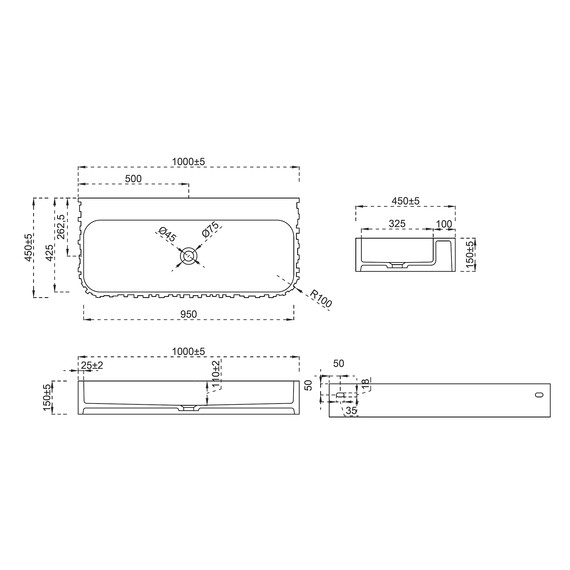 Раковина подвесная Abber Stein 100 см AS2652-1.0, белый матовый - фото 4