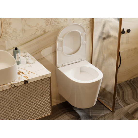 Унитаз подвесной безободковый Abber Bequem AC1102T с тонкой крышкой микролифт (Система смыва торнадо), Цвет производителя: белый - фото 14