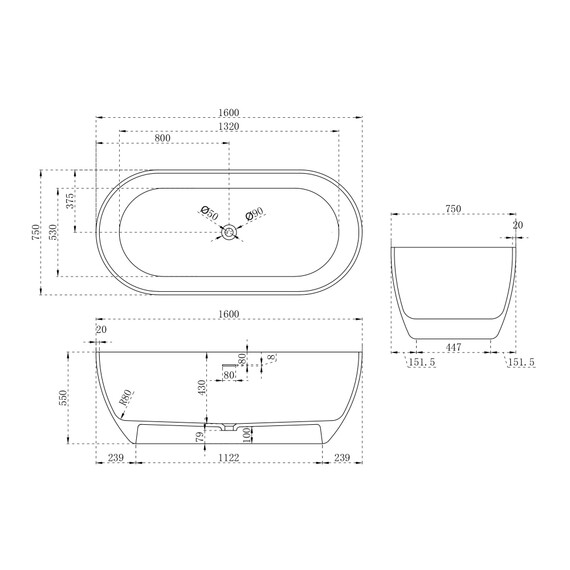 Ванна отдельностоящая Abber Stein 160x75 см AS9613-1.6, Размер - мм: 1600x750 - фото 10