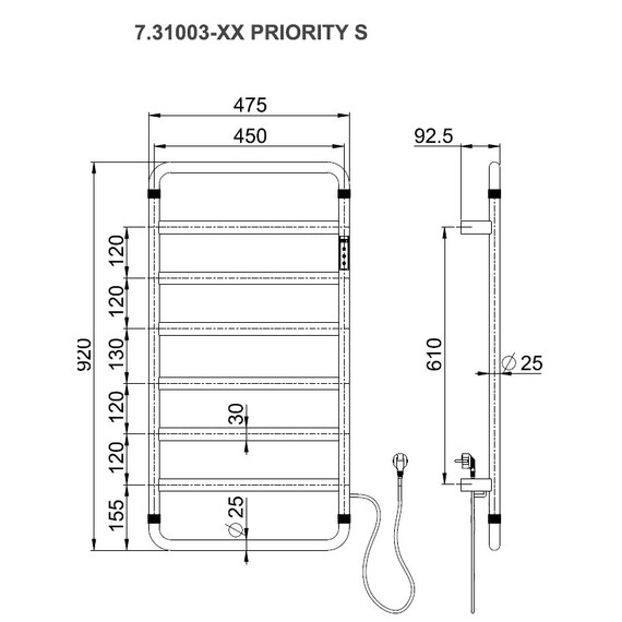Полотенцесушитель электрический Allen Brau Priority П8 450x920 мм 7.31003-BN, никель - фото 2