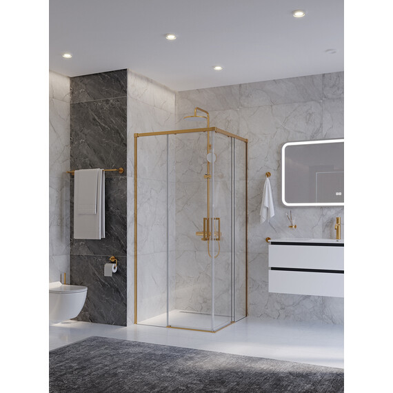 Душевое ограждение Cezares 100x100 см PLANE-A-2-100-C-BORO, брашированное золото/прозрачное - фото 