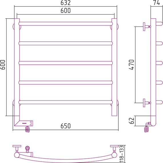 Полотенцесушитель электрический Сунержа Галант 2.0 П5 600x600 мм 00-5200-6060 L - фото, картинка 5 Полотенцесушитель электрический Сунержа Галант 2.0 П5 600x600 мм 00-5200-6060 L - фото 5