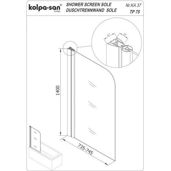 Шторка для ванны Kolpa-San Sole TP 75 см, хром/прозрачное - фото 2