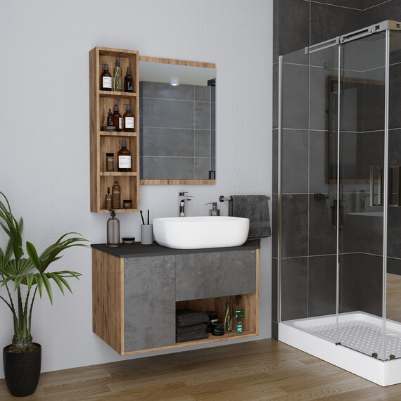 Тумба подвесная со столешницей Grossman Бруно 80 см 108008 (раковина в комплекте) веллингтон/бетон - фото 5