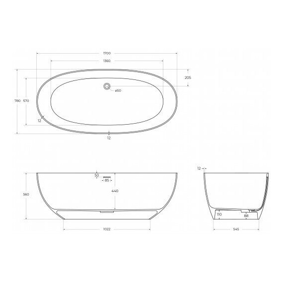 Ванна акриловая Cezares 170x78 см CZR-STREAM-170-78-56-SSB, белый матовый - фото 9