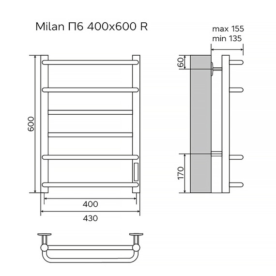 Полотенцесушитель электрический Azario Milan П6 400x600 мм AZ90846W - фото 6