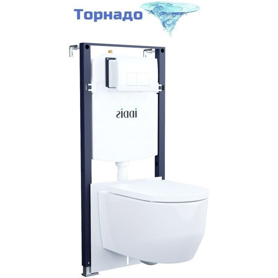 Инсталляция с подвесным безободковым унитазом комплект: Iddis Basic BASAI03i73 сиденье микролифт, крепление, кнопка смыва белая (система смыва Торнадо) - фото 