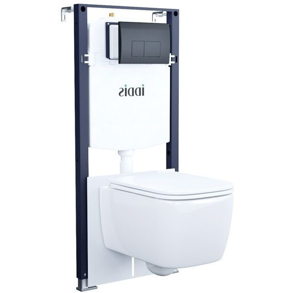 Инсталляция с подвесным безободковым унитазом комплект: Iddis Basic BASBR02i73 сиденье микролифт, крепление, кнопка смыва чёрная - фото 