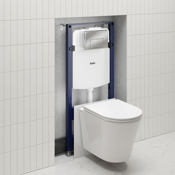 Инсталляция с подвесным безободковым унитазом комплект: Iddis Calipso CAQPO1GCi73 сиденье микролифт, крепление, кнопка смыва хром (система смыва Торнадо) - фото 2