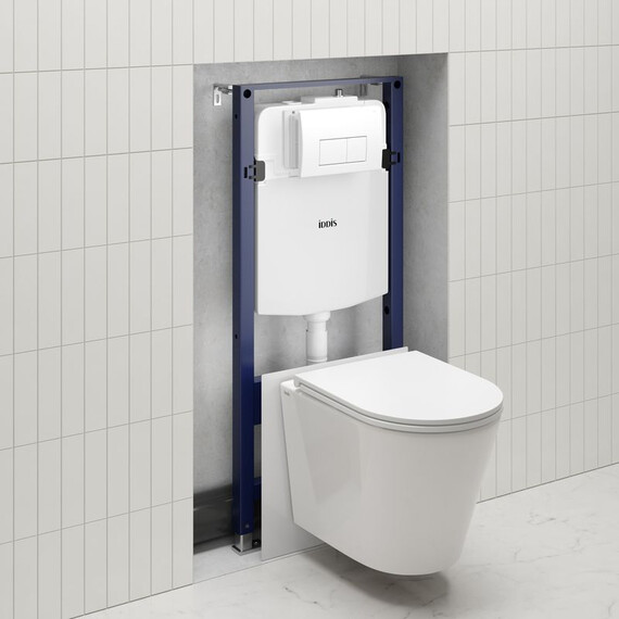 Инсталляция с подвесным безободковым унитазом комплект: Iddis Calipso CAQPO1GWi73 сиденье микролифт, крепление, кнопка смыва белая (система смыва Торнадо) - фото 2