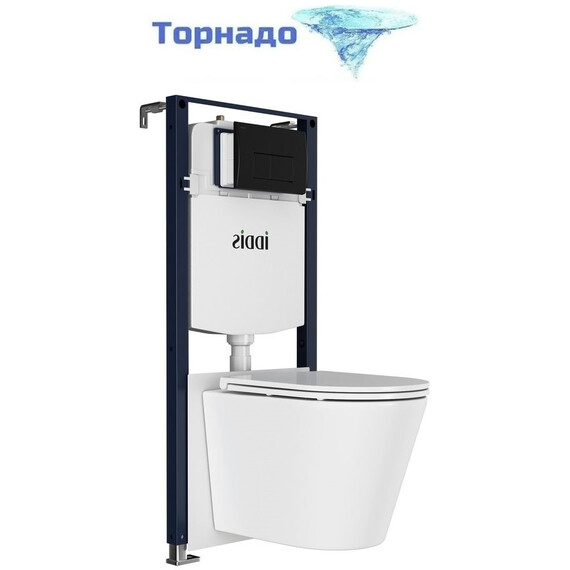 Инсталляция с подвесным безободковым унитазом комплект: Iddis Calipso CAQPO1MBi73 сиденье микролифт, крепление, кнопка смыва чёрная (система смыва Торнадо) - фото 