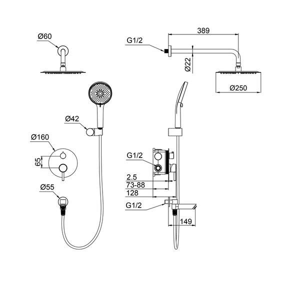 Душевая система для ванны Wonzon & Woghand Solo WW-939032-BGM (со скрытой частью) тёмный графит - фото 2