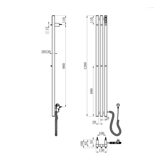 Полотенцесушитель электрический Wonzon & Woghand Kassel П3 130x1200 мм WW-AL73312-GM, тёмный графит - фото 2