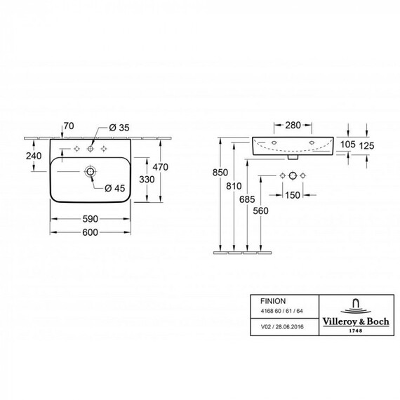 Раковина подвесная Villeroy & Boch Finion 60 см 416861R1 (CeramicPlus) - фото 9