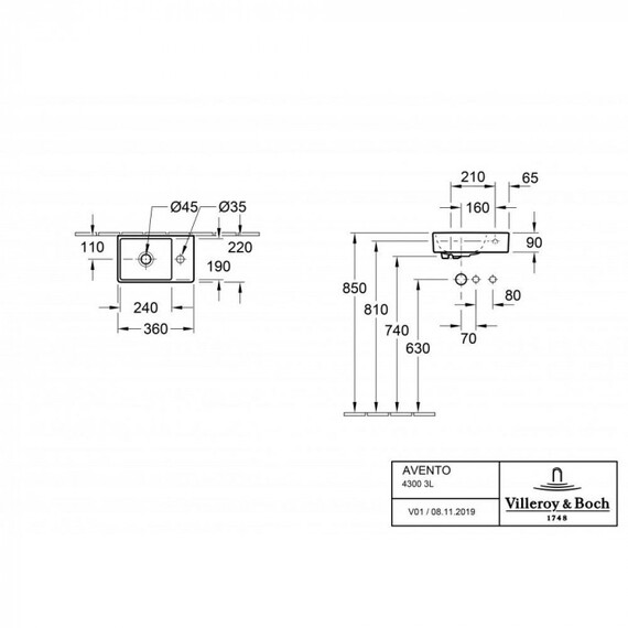 Раковина подвесная Villeroy & Boch Avento 36 см 43003L01 - фото 9