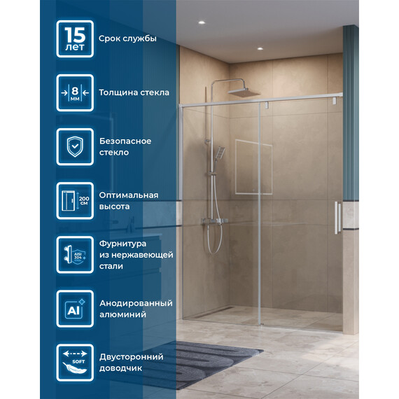 Душевая дверь BelBagno 150 см SOFT_CLOSE-1-BF-1-150-C-Cr, хром/прозрачное - фото 10