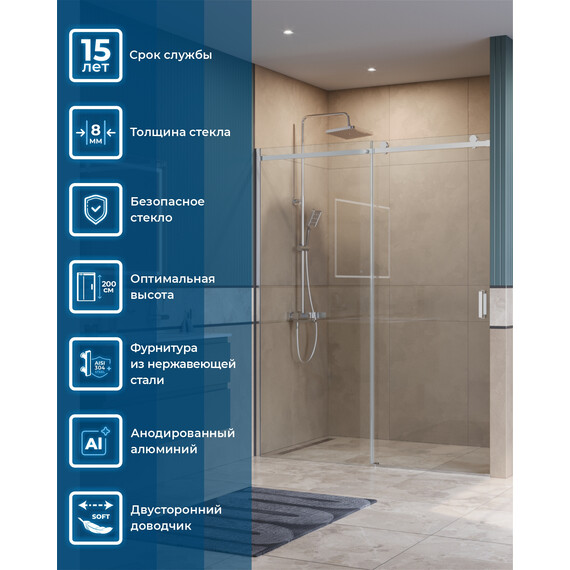 Душевая дверь BelBagno 160 см SOFT_CLOSE-2-BF-1-160-C-Cr, хром/прозрачное - фото 11