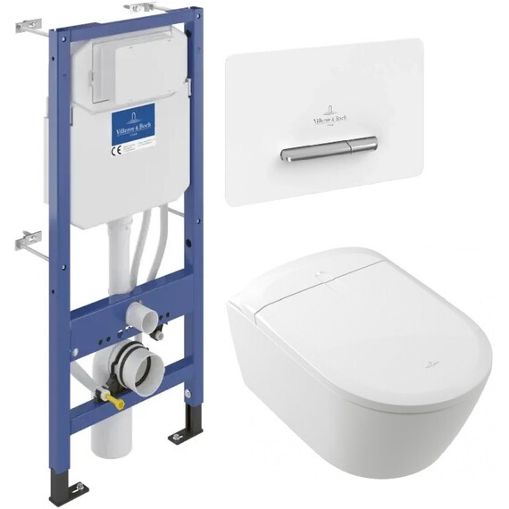 Инсталляция с подвесным унитазом комплект: Villeroy & Boch Supreo V9944800 с подвесным безободковым унитазом-биде V16EN2R1 (CeramicPlus) с сиденьем микролифт, крепление, кнопка смыва белое стекло - фото 