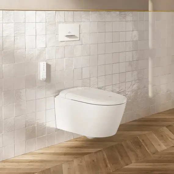 Инсталляция с подвесным унитазом комплект: Villeroy & Boch Supreo V9944800 с подвесным безободковым унитазом-биде V16EN2R1 (CeramicPlus) с сиденьем микролифт, крепление, кнопка смыва белое стекло - фото 5