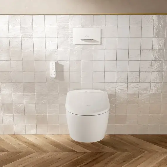 Инсталляция с подвесным унитазом комплект: Villeroy & Boch Supreo V9944800 с подвесным безободковым унитазом-биде V16EN2R1 (CeramicPlus) с сиденьем микролифт, крепление, кнопка смыва белое стекло - фото 6