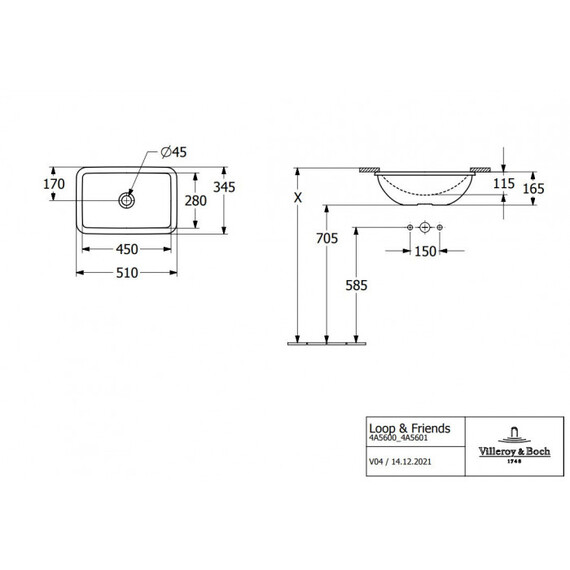 Раковина врезная под столешницу Villeroy&Boch Loop & Friends 45 см 4A560001 - фото 6