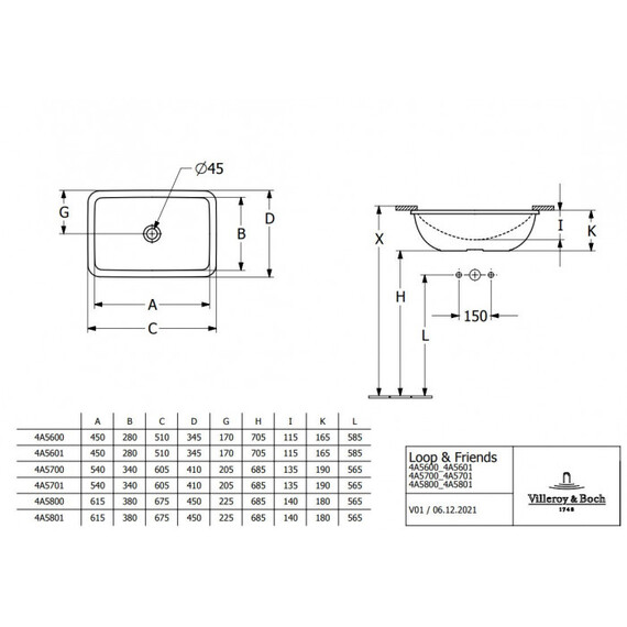 Раковина врезная под столешницу Villeroy&Boch Loop & Friends 54 см 4A570101 - фото 4