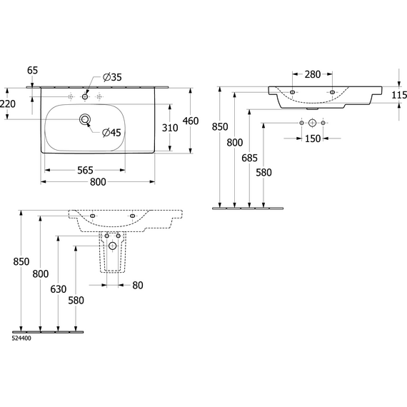 Тумба подвесная с раковиной-столешницей  Villeroy&Boch Skyla 80 см C78800VE (раковина 5A52L101) - фото 10