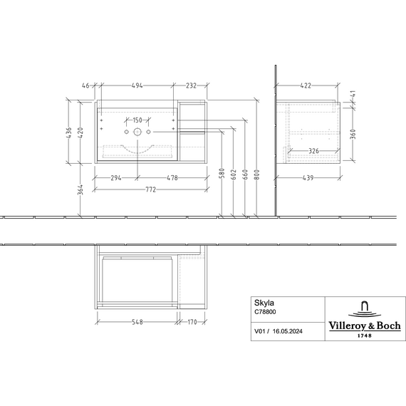 Тумба подвесная с раковиной-столешницей  Villeroy&Boch Skyla 80 см C78800VE (раковина 5A52L101) - фото 9