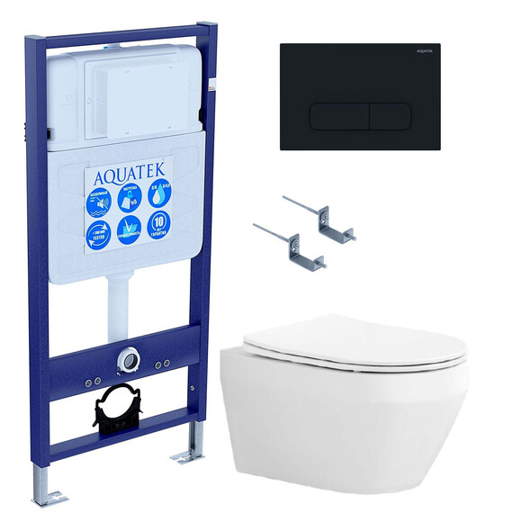 Инсталляция с подвесным унитазом комплект SET AQUATEK ЛЕЯ-017 4в1 (рама AQUATEK Standard INS-0000012 + крепеж KKI-0000002 + клавиша KDI-0000017 + унитаз ЛЕЯ AQ1199-00 с тонким сиденьем soft-close) - фото 