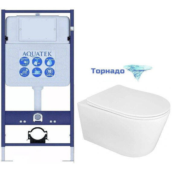 Инсталляция с подвесным унитазом комплект: Aquatek Standart 50 INS-0000012 с подвесным безободковым унитазом Azario Ollin AZ-0513R сиденье микролифт (Система смыва торнадо) - фото 