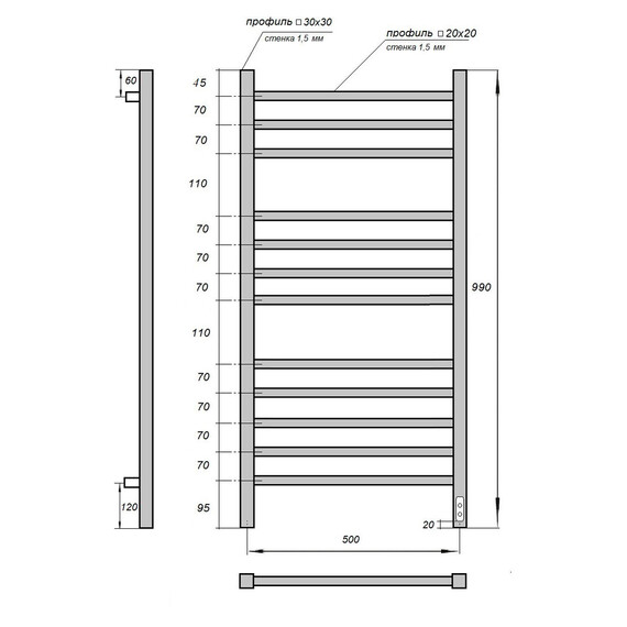 Полотенцесушитель электрический Apextermo Атлас П12 500x1000 мм AT00105WM (скрытое подключение) белый - фото 6