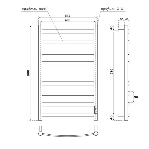 Полотенцесушитель электрический Apextermo Умбра П8 500x800 мм UM00185BM (скрытое подключение) чёрный - фото 7