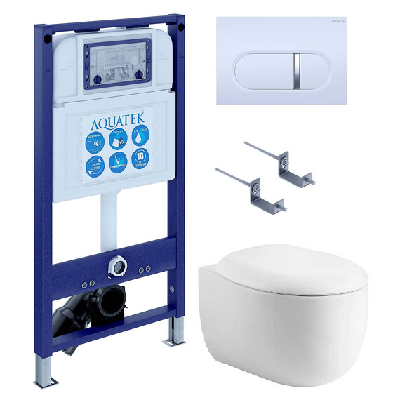 Инсталляция с подвесным унитазом комплект SET AQUATEK АЛЬТАИР cm-042 4в1 (рама AQUATEK INS-0000025 + крепление KKI-0000002 + кнопка KDI-0000042 + унитаз AQ1980-00 + тонкое сиденье soft-close) - фото 