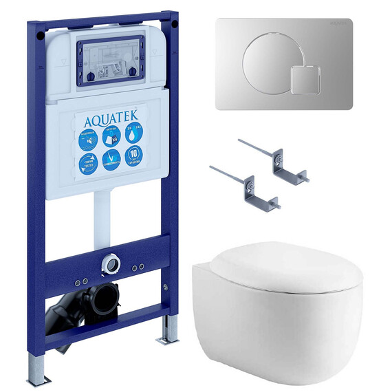 Инсталляция с подвесным унитазом комплект SET AQUATEK АЛЬТАИР cm-068 4в1 (рама AQUATEK INS-0000025 + крепление KKI-0000002 + кнопка KDI-0000068 + унитаз AQ1980-00 + тонкое сиденье soft-close) - фото 