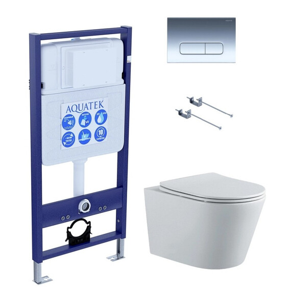 Инсталляция с подвесным унитазом комплект SET AQUATEK ВЕГА-1905-016 KK-1 (рама AQUATEK Standard INS-0000012 с клавишей KDI-0000016 и крепежом KKI-0000001 + унитаз ВЕГА AQ1905-00 с тонким сиденьем sc) - фото 