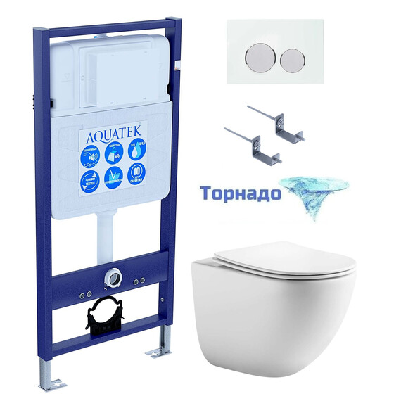 Инсталляция с подвесным унитазом комплект SET AQUATEK ГЕЛИОС-028 (рама AQUATEK Standard INS-0000012 + клавиша KDI-0000028 + крепеж KKI-0000002 + унитаз AQ1993T-00 ГЕЛИОС + с тонким сиденьем sc, система смыва Торнадо) - фото 