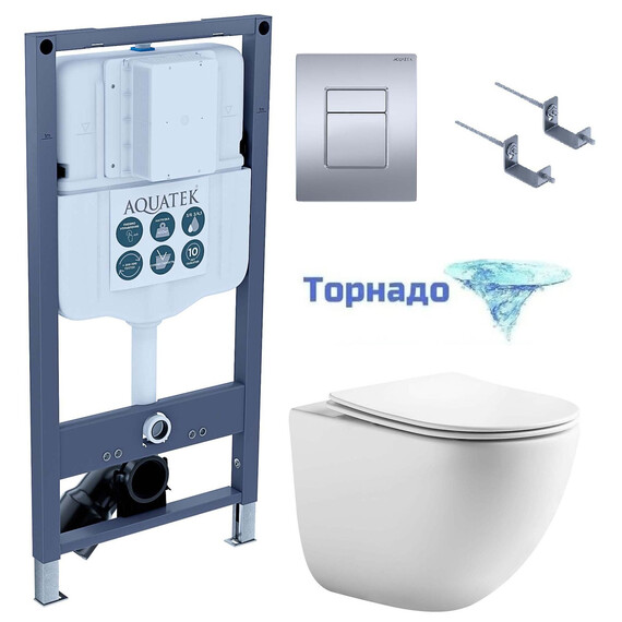 Инсталляция с подвесным унитазом комплект SET AQUATEK ГЕЛИОС PNN-03 4в1 (рама INSP-0000002 + крепёж KKI-0000002 + клавиша PNN-0000003 + унитаз AQ1993T-00 ГЕЛИОС с тонким сиденьем soft-close, система смыва Торнадо) - фото 