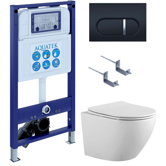 Инсталляция с подвесным унитазом комплект: SET AQUATEK ЕВРОПА-045 4в1 (рама AQUATEK INS-0000025 + крепление KKI-0000002 + кнопка KDI-0000045 + унитаз AQ1901-00 + тонкое сиденье sc) - фото 