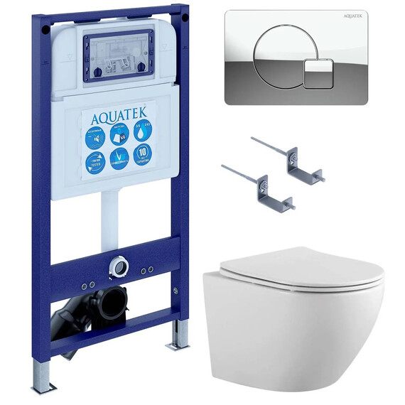 Инсталляция с подвесным унитазом комплект: SET AQUATEK ЕВРОПА-067 4в1 (рама AQUATEK INS-0000025 + крепление KKI-0000002 + кнопка KDI-0000067 + унитаз AQ1901-00 + тонкое сиденье sc) - фото 