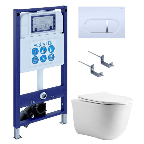 Инсталляция с подвесным унитазом комплект: SET AQUATEK КЛАССИК cm-042 4в1 (рама AQUATEK INS-0000025 + крепление KKI-0000002 + кнопка KDI-0000042 + унитаз AQ1112-00 + тонкое сиденье с механизмом soft close) - фото 