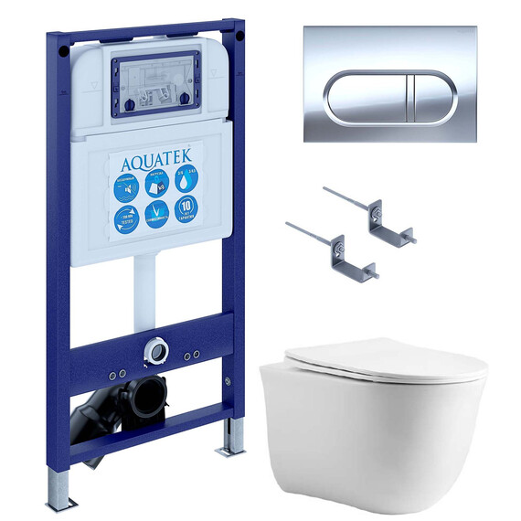 Инсталляция с подвесным унитазом комплект: SET AQUATEK КЛАССИК cm-043 4в1 (рама AQUATEK INS-0000025 + крепление KKI-0000002 + кнопка KDI-0000043 + унитаз AQ1112-00 + тонкое сиденье с механизмом soft close) - фото 